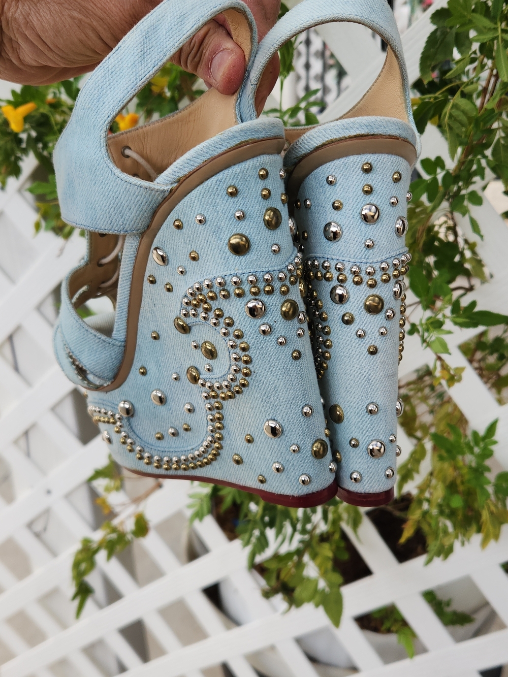 CHARLOTTE OLYMPIA Gene Studded Denim Wedge Sandals - Picture 4 of 10